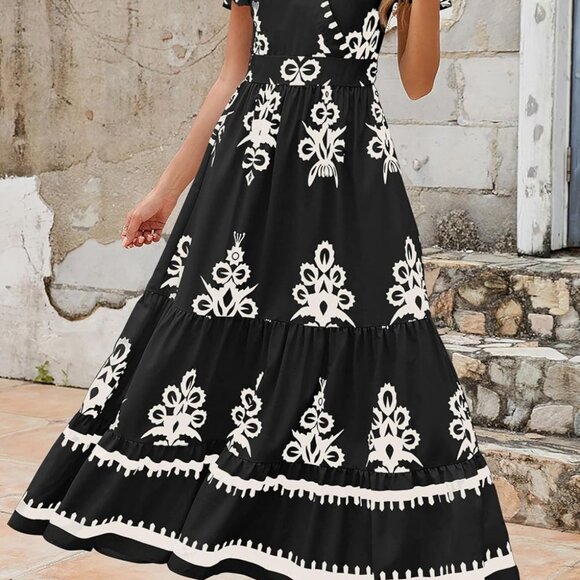 Women's Summer Boho Maxi Dress V-Neck Floral Flowy A-Line Pockets - Picture 8 of 9